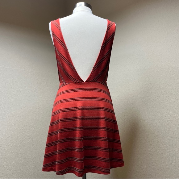 Free People Orange Striped Mini Dress Size L 12 Deep-V Open Arms Fit-And-Flare - Picture 3 of 5